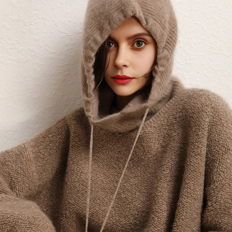 Cashmere Women's Winter Hat 100%Wool Soft Warm Balaclava Beanies Ear Face Neck Protect Dual-Use Fashion False Collar Hat Ski Cap