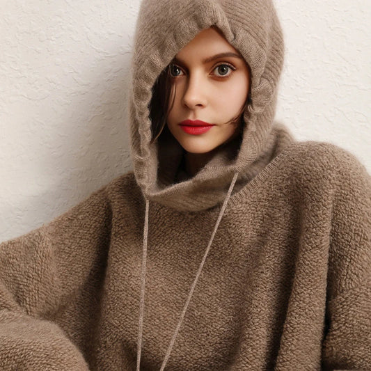 Cashmere Women's Winter Hat 100%Wool Soft Warm Balaclava Beanies Ear Face Neck Protect Dual-Use Fashion False Collar Hat Ski Cap