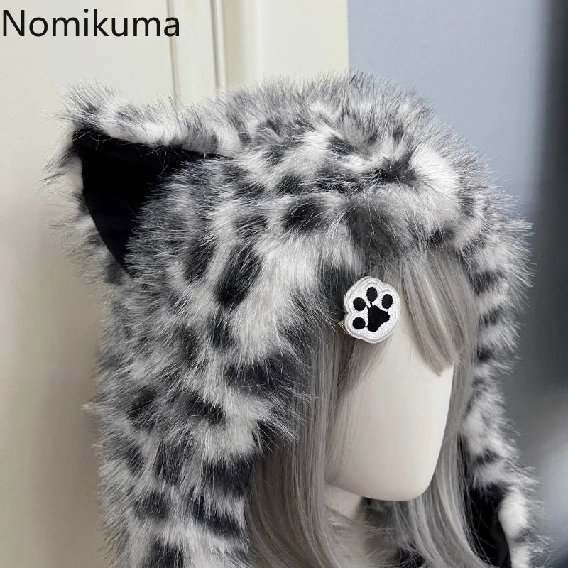 Autumn Winter Hat Women Handsome Snow Leopard Ear Warm Thick with Velvet Outdoor Ear Protection Hat Fluffy Wool Warm Yak Ear Hat