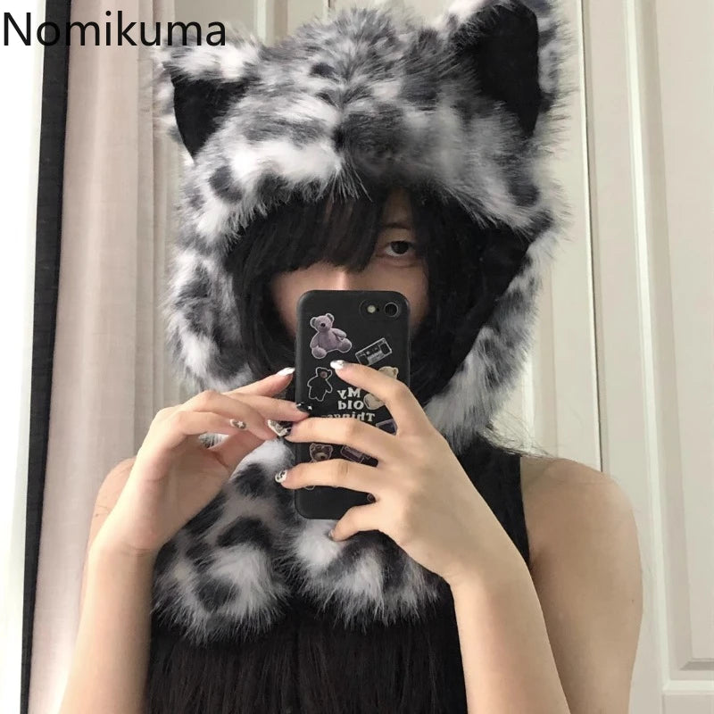 Autumn Winter Hat Women Handsome Snow Leopard Ear Warm Thick with Velvet Outdoor Ear Protection Hat Fluffy Wool Warm Yak Ear Hat