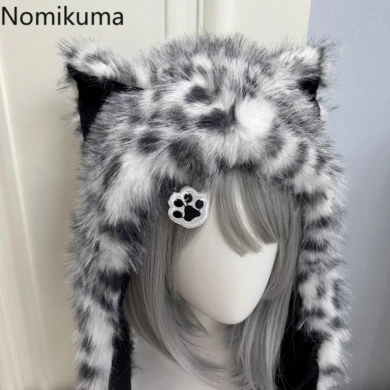Autumn Winter Hat Women Handsome Snow Leopard Ear Warm Thick with Velvet Outdoor Ear Protection Hat Fluffy Wool Warm Yak Ear Hat
