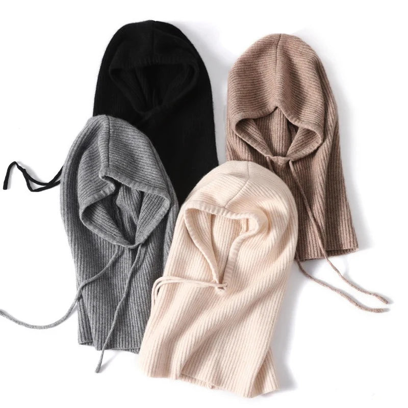 Cashmere Women's Winter Hat 100%Wool Soft Warm Balaclava Beanies Ear Face Neck Protect Dual-Use Fashion False Collar Hat Ski Cap