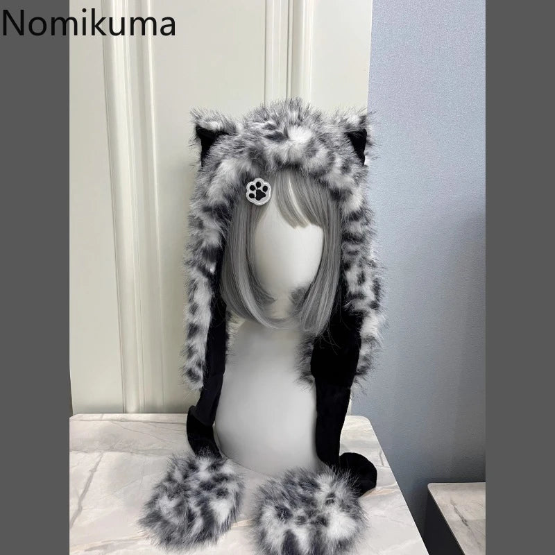 Autumn Winter Hat Women Handsome Snow Leopard Ear Warm Thick with Velvet Outdoor Ear Protection Hat Fluffy Wool Warm Yak Ear Hat