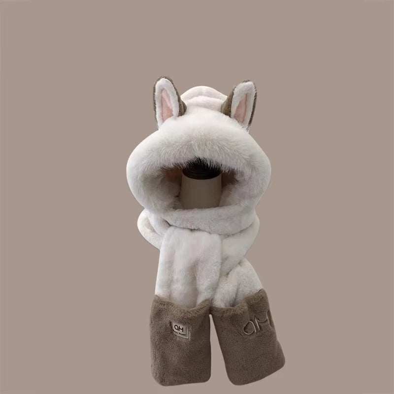 Winter new outdoor fox warm ear protection scarf, furry and fashionable one-piece plush hat