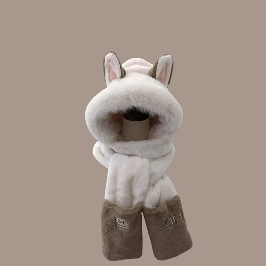 Winter new outdoor fox warm ear protection scarf, furry and fashionable one-piece plush hat