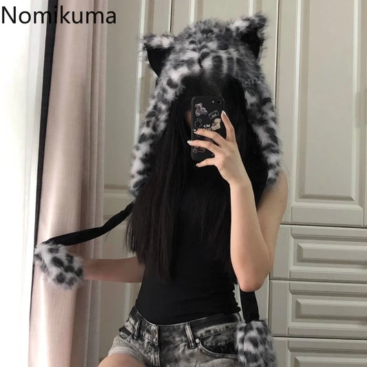 Autumn Winter Hat Women Handsome Snow Leopard Ear Warm Thick with Velvet Outdoor Ear Protection Hat Fluffy Wool Warm Yak Ear Hat
