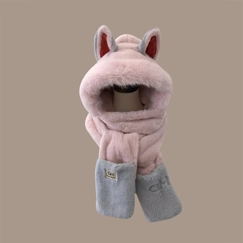Winter new outdoor fox warm ear protection scarf, furry and fashionable one-piece plush hat