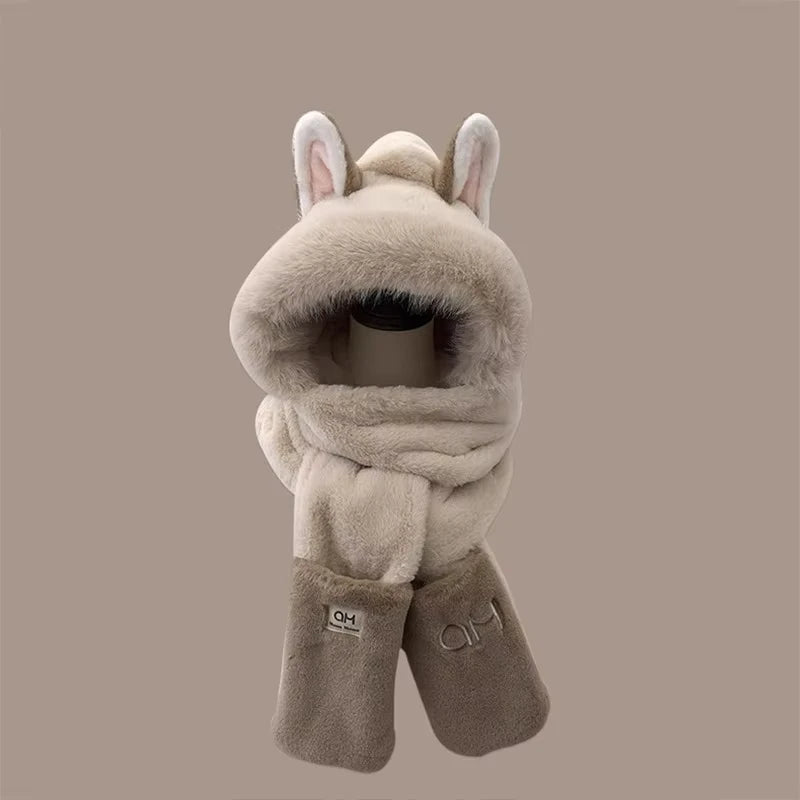 Winter new outdoor fox warm ear protection scarf, furry and fashionable one-piece plush hat