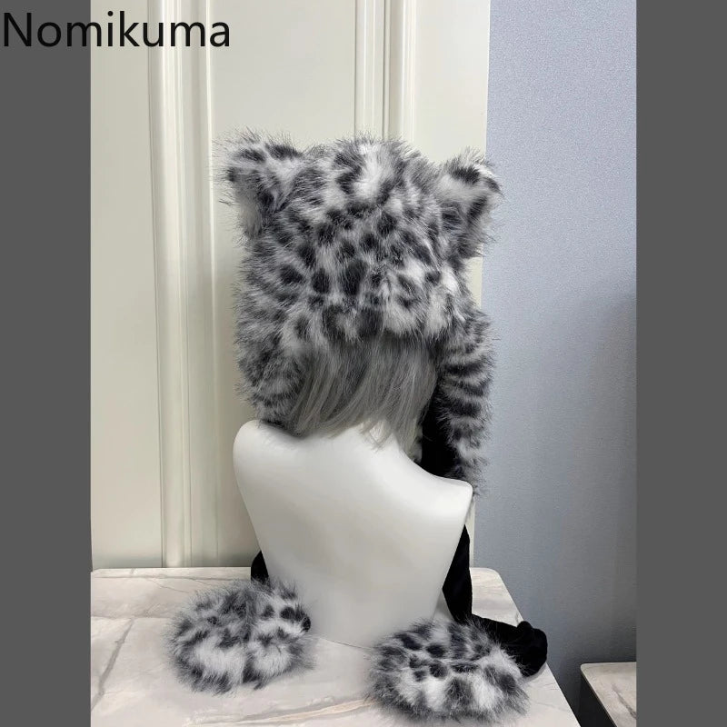 Autumn Winter Hat Women Handsome Snow Leopard Ear Warm Thick with Velvet Outdoor Ear Protection Hat Fluffy Wool Warm Yak Ear Hat