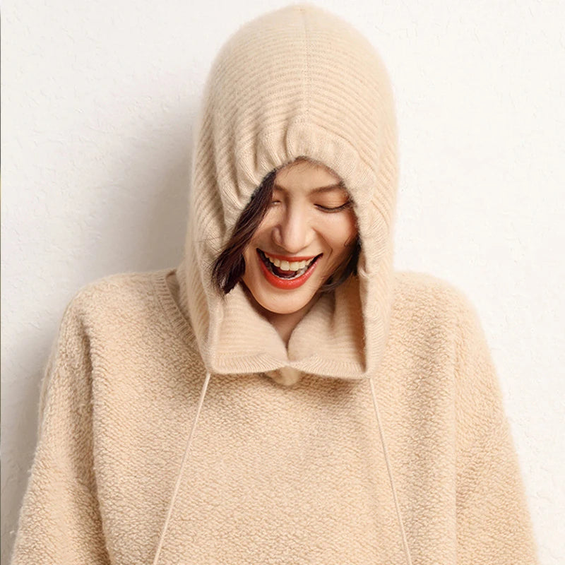 Cashmere Women's Winter Hat 100%Wool Soft Warm Balaclava Beanies Ear Face Neck Protect Dual-Use Fashion False Collar Hat Ski Cap